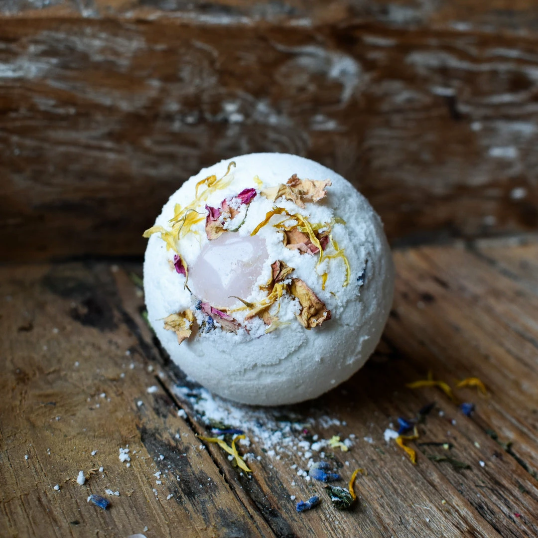 Flow Yoga Wear Rose Geranium & Rose Quartz Crystal Bath Bomb 3 Flow Yoga Wear Rose Geranium & Rose Quartz Crystal Bath Bomb